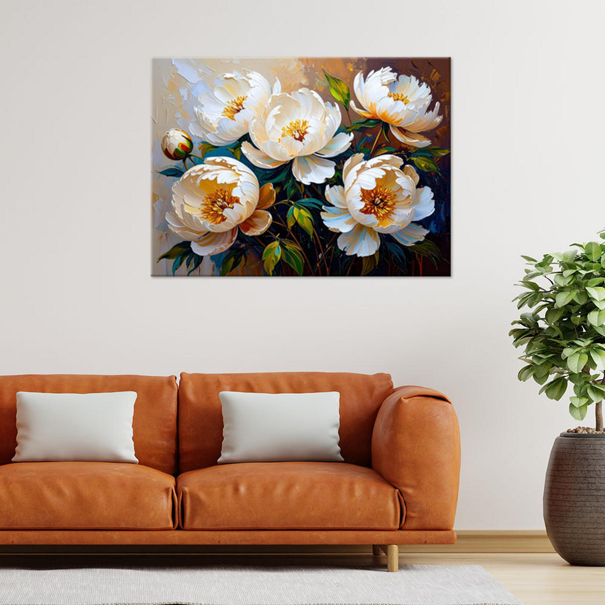 LEINWANDBILD Cremefarbene Pfingstrosen Blumen auf beigem Hintergrund 90x60cm - Beige, Textil (90/60cm) - Feeby