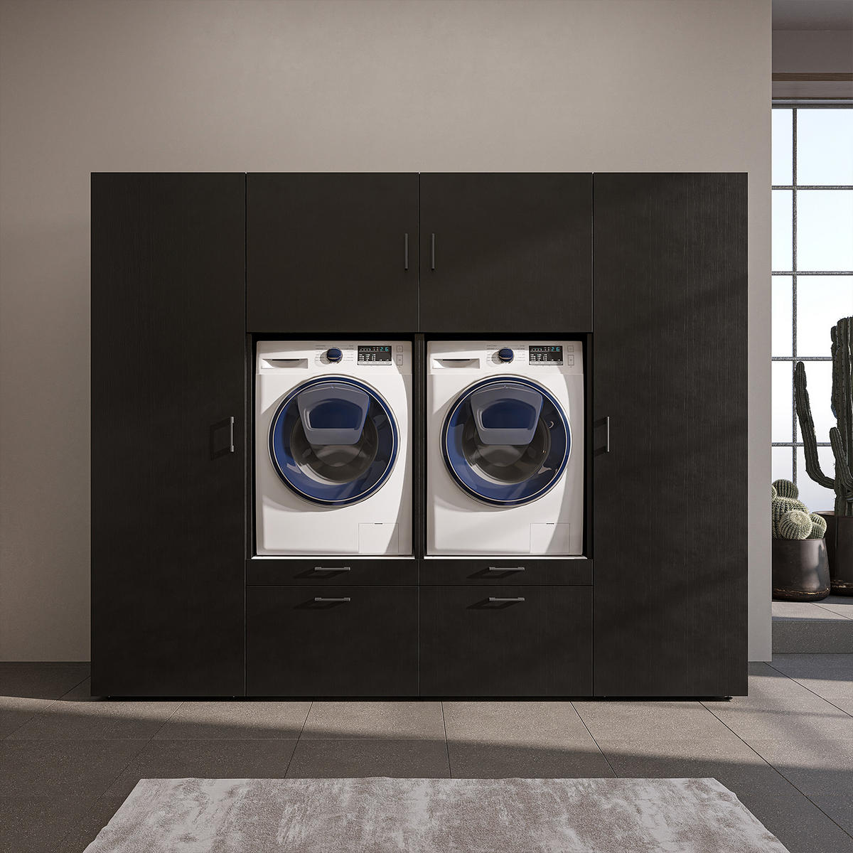 WASCHMASCHINENSCHRANK Serie 2 254cm Breit, 205cm Hoch - Schwarz, Holzwerkstoff (254/205/67cm)