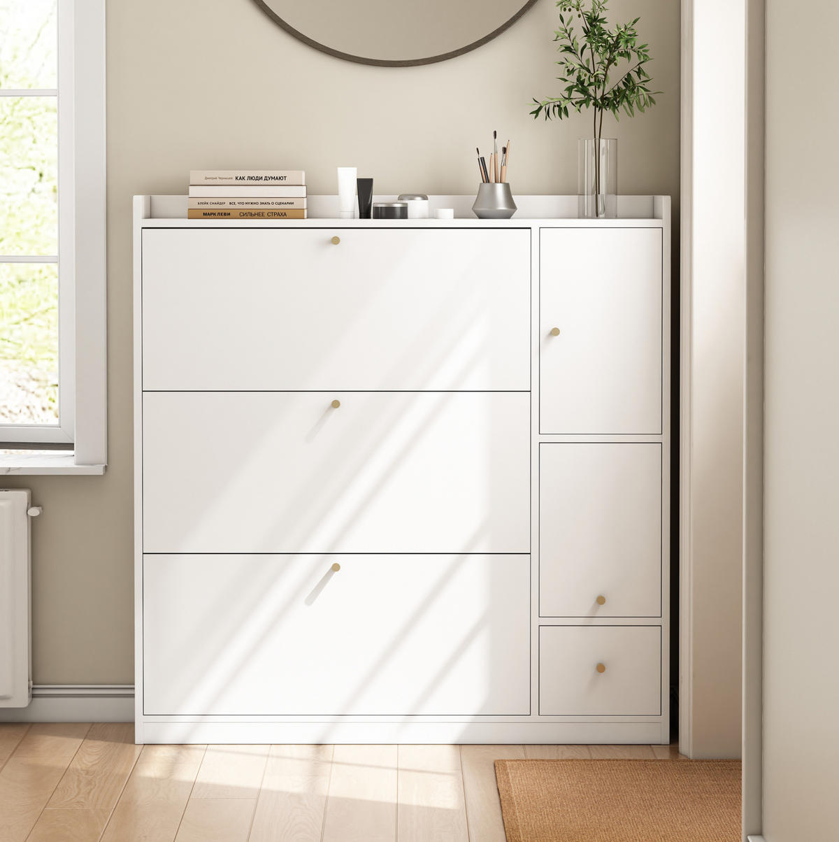SCHUHSCHRANK 119/24/122 cm in Weiß mit 3 Klappen und klappbarer Sitzbank - Weiß, Holzwerkstoff (119/122/24cm) - Flora Grace