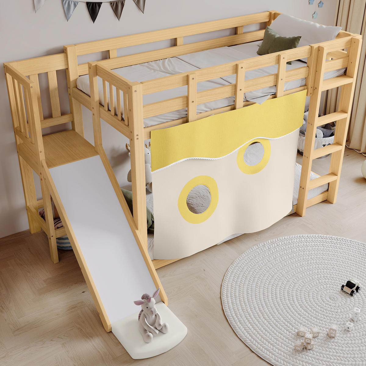 ETAGENBETT 90x200cm mit Bettvorhang und Rutsche, Natur - Naturfarben, Holz (90/200cm) - KOMHTOM