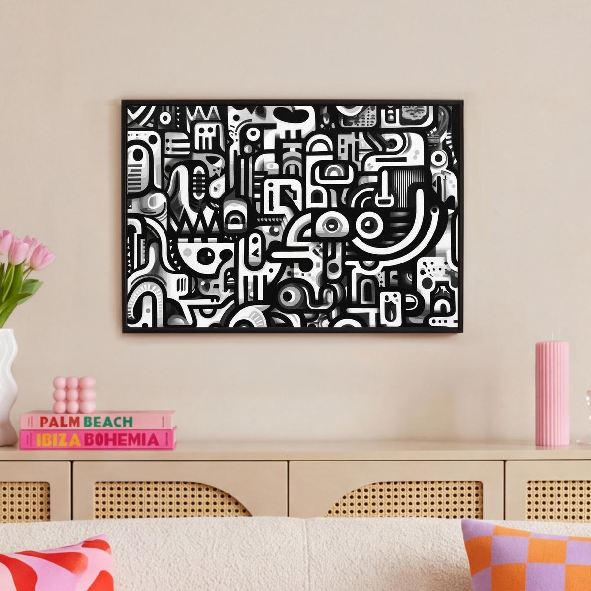 LEINWAND Bilder mit Rahmen - Symbole - Abstrakt - Grafik - Schwarz - 60x40 - Schwarz, Textil (60/40cm) - MuchoWow