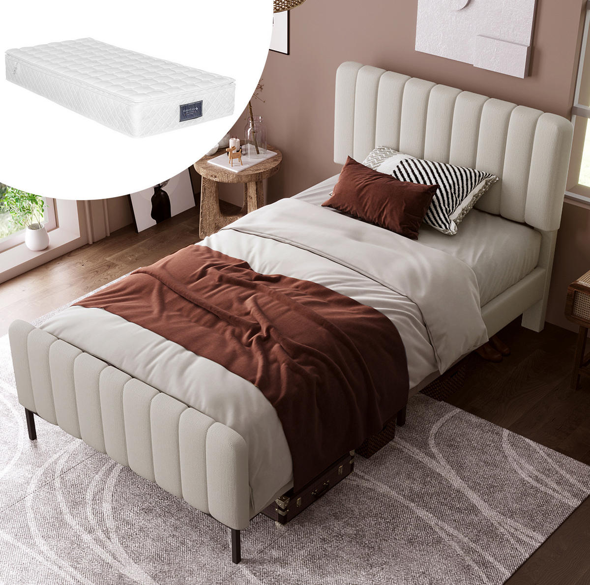 POLSTERBETT 90/200 cm in Grau-Beige mit Matratze und verstellbarem Kopfteil - Grau, Textil (90/200cm) - Flora Grace