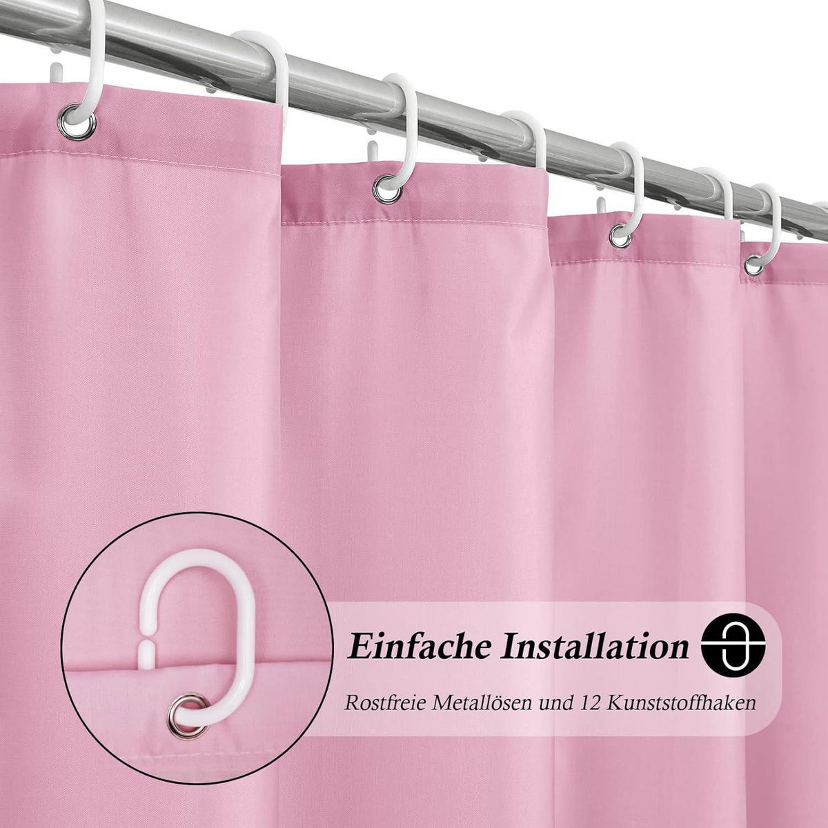 DUSCHVORHANG Rose 180 x 200 cm Wasserdicht Anti-Schimmel Waschbar inkl. 12 Ringen - Rosa, Textil (180/200cm)