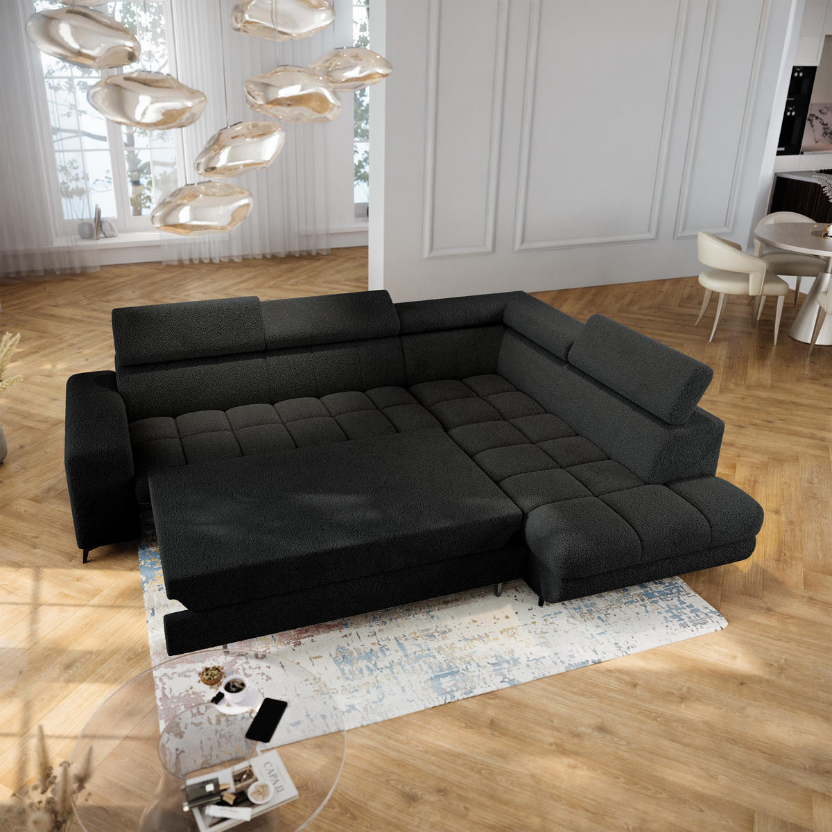 ECKSOFA MORIVA Q R-S Schwarz Boucle-Stoff mit Schlaffunktion - Schwarz, Holzwerkstoff/Textil (253/190cm) - MASSENO