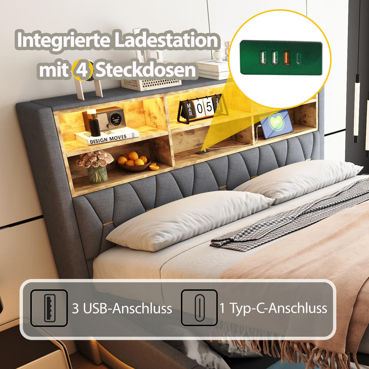 POLSTERBETT 180x200 Grau Leinen LED Stauraum - Grau, Metall (180/200cm) - FLIEKS