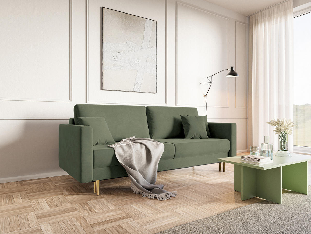 SCHLAFSOFA Valico Salbeigrün hydrophober Samt - Salbeigrün/Goldfarben, Textil/Metall (230/90/97cm) - Selsey