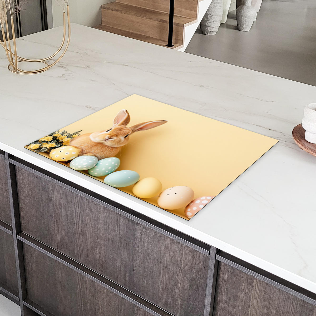 HERDABDECKPLATTE Eier - Kaninchen - Pastellfarbtöne Induktionsmatte 77x59 cm - Hellgelb, Kunststoff (77/59/0.2cm) - MuchoWow