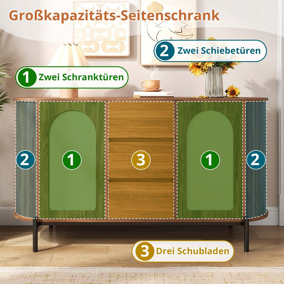SIDEBOARD 140/38/77,5 cm Nussbaum aus MDF mit Rattan-Türen und Schubladen - Walnussfarben, Holzwerkstoff (38/77.5/140cm) - OKWISH