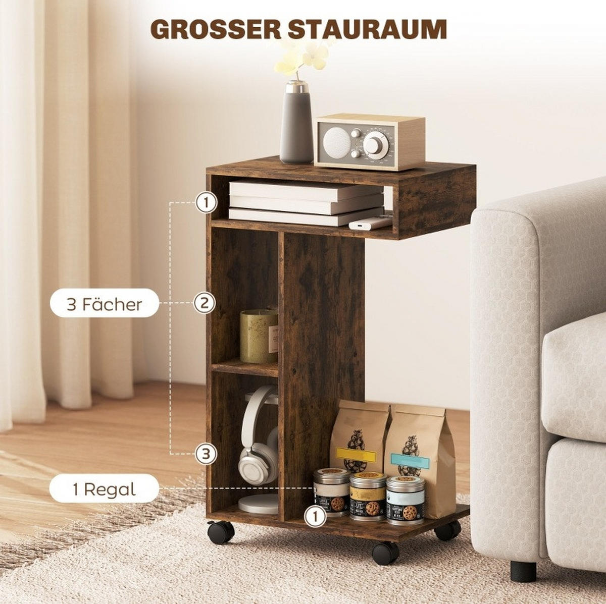 BEISTELLTISCH aus melaminbeschichteter Spanplatte 30x40x69 cm Rustikalbraun mit 4 Rollen, 3 Fächern und C-Form - Braun, Holz (40/30/69cm) - Modfu