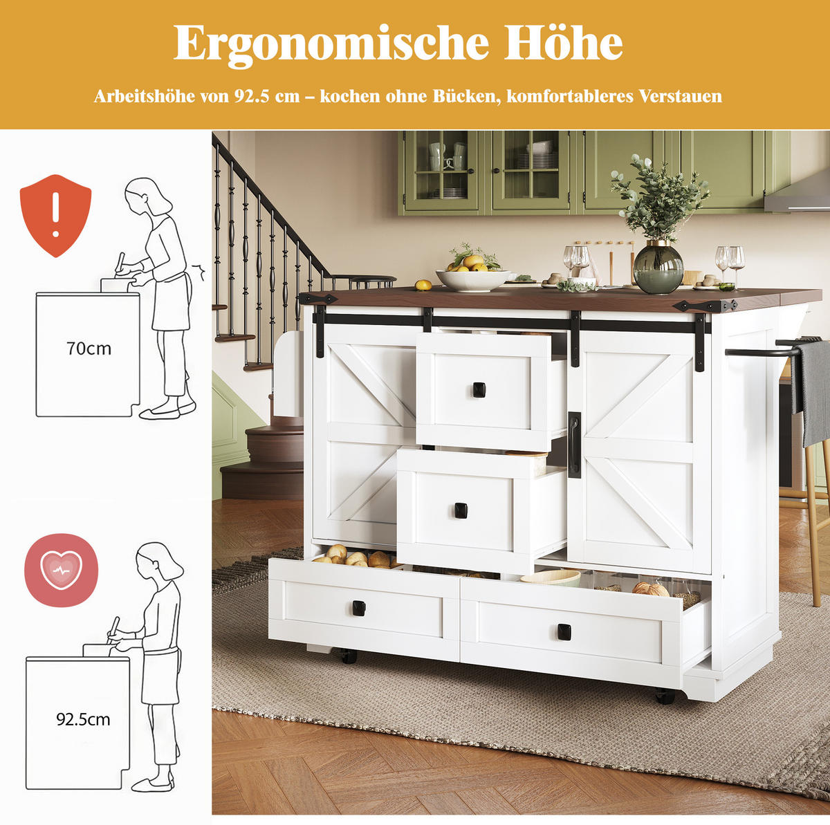 KÜCHENINSEL 142,5/45-73/92,5 cm mit Klapptisch, Schiebetüren im BarnDoor-Design und Stauraum, Weiß, MDF/Metall - Weiß, Holzwerkstoff (142.5/92.5/45cm) - Redom