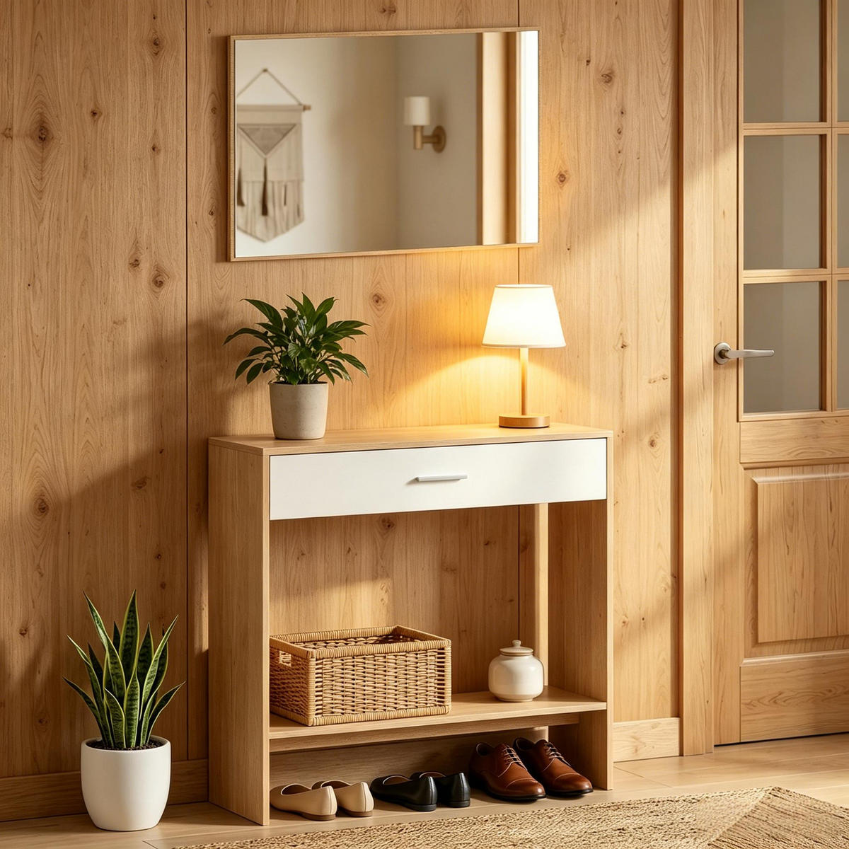 KONSOLENTISCH-SET DE-37254 mit Schublade, Regal und Spiegel Eiche/Weiß - Naturfarben, Holzwerkstoff (91.5/27.9/85cm) - ComfortXL