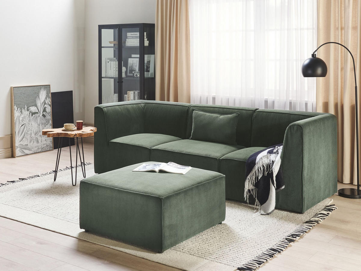 3-SITZER-SOFA Cord dunkelgrün mit Ottomane Lemvig - Grün, Textil (250/78/83cm) - Beliani