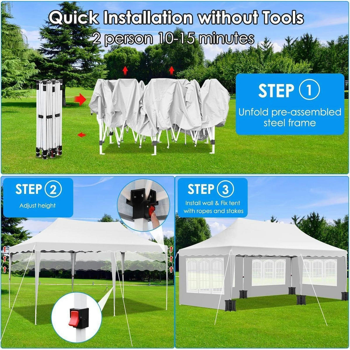PAVILLON 3x6 m Faltpavillon Wasserdicht UV Schutz 50+ 6 Seitenwände 290-310 cm Höhe Weiß - Weiß, Textil (300/310/600cm)