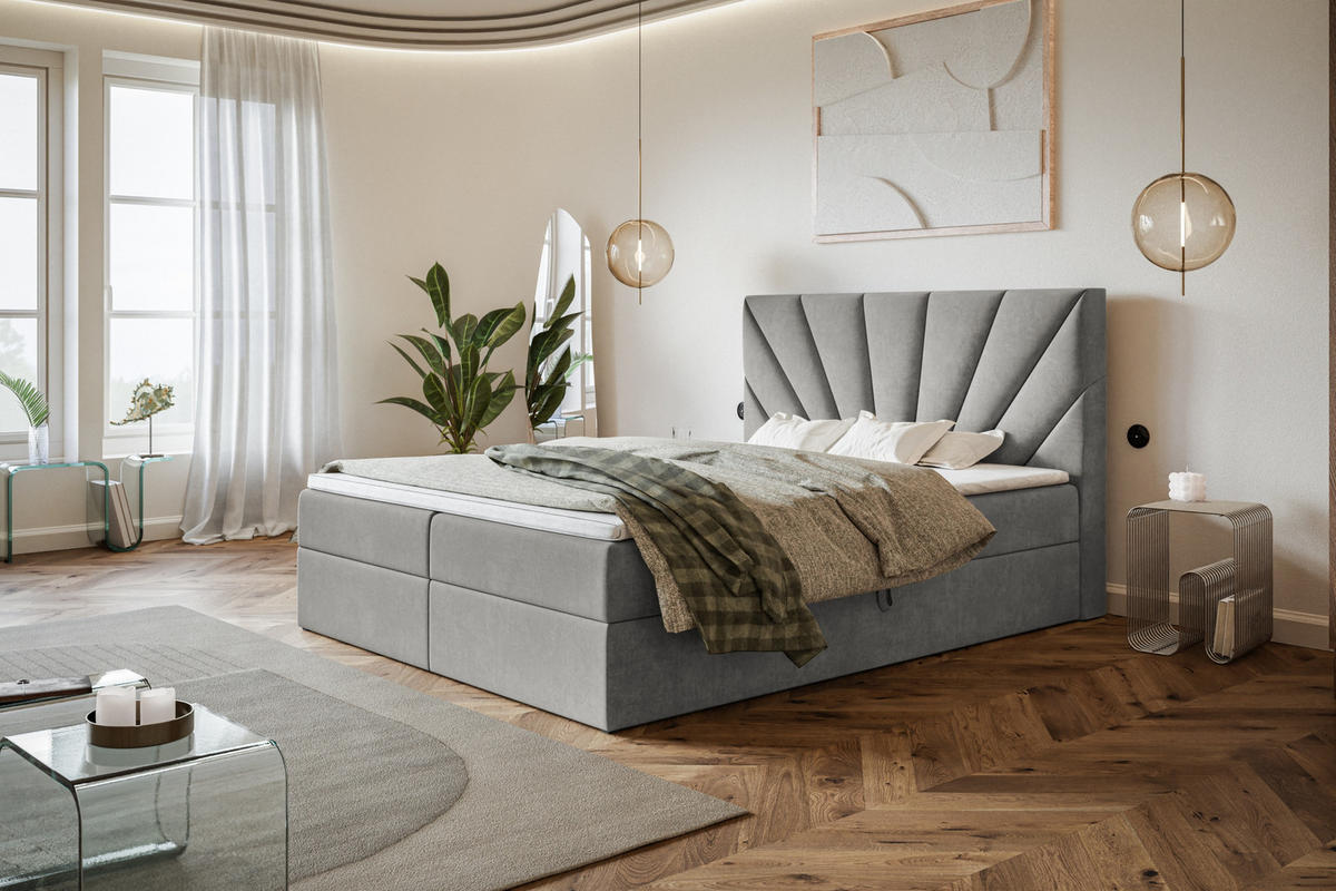 BOXBETT DENVER mit 2 Bettkästen, 180x200, Farbe: Grau, Velourstoff, Doppelbett mit Bonell-Matratze - Grau, Holz/Kunststoff (180/200cm) - Alpi-Möbel