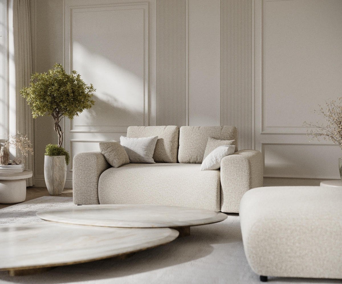 2-SITZER-SOFA Zanzibar Beige Plüschstoff - Beige/Schwarz, Holz/Holzwerkstoff (178/79/108cm) - Maison de Reve