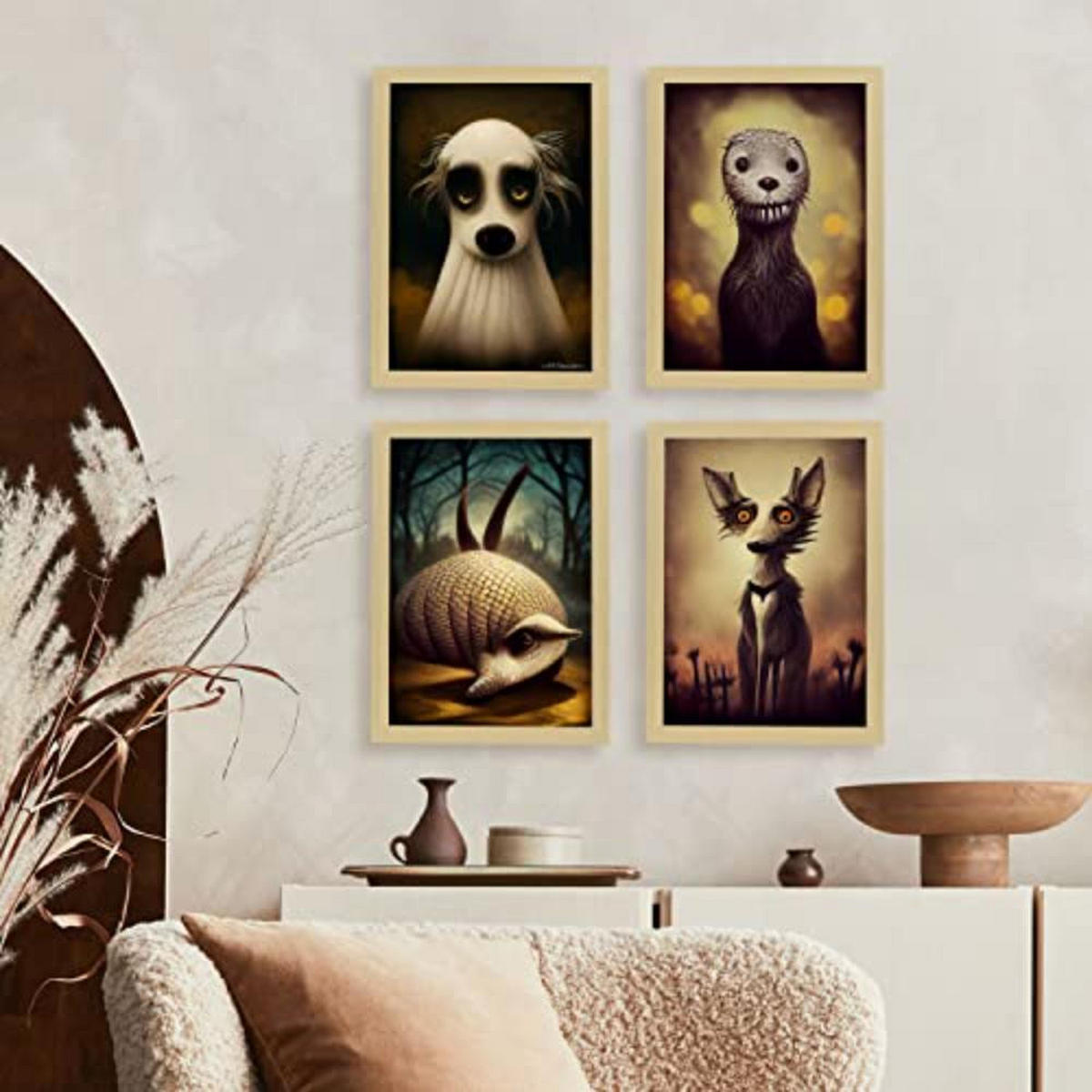 POSTER Set mit 4 Hunde im T Burton Goth Stil A4 Weißer Rahmen - Weiß, Papier (29.7/3cm) - Nacnic