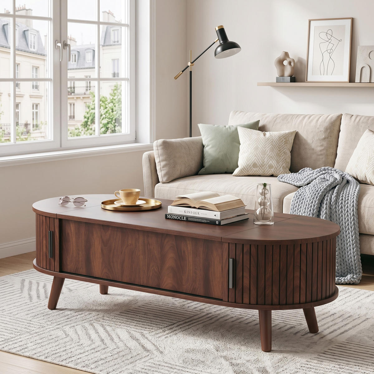 COUCHTISCH Walnuss Anhebbar mit Verstecktem Stauraum & Rolltür - Walnussfarben, Holzwerkstoff (50/120/39.5cm) - Urban Meuble