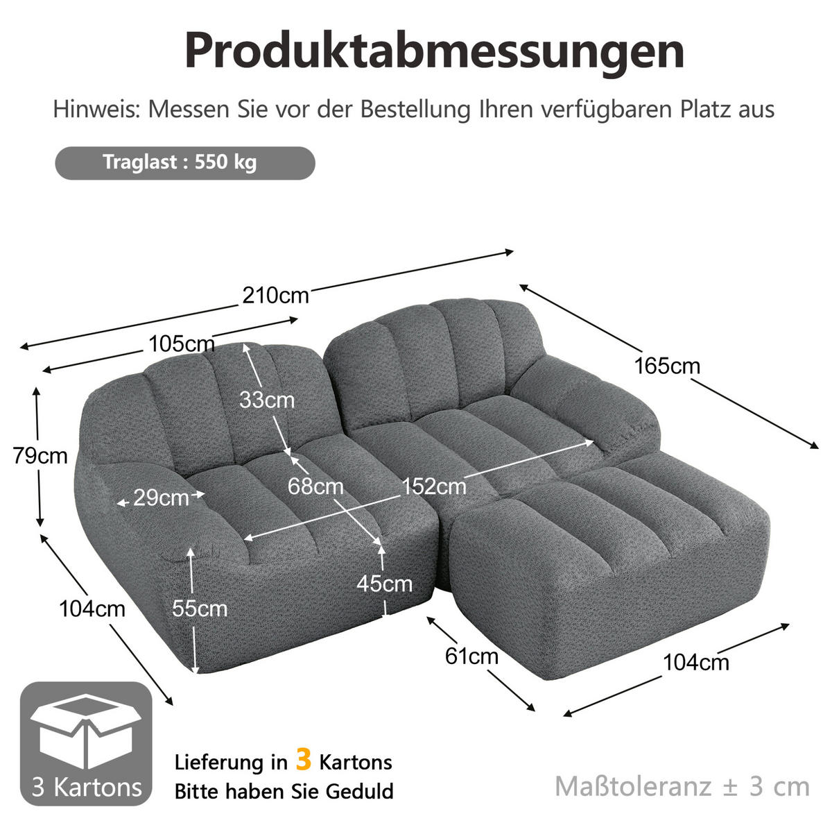 SOFA 210/165/79 cm in Grau mit Ottoman und weichem Fleecebezug - Grau, Textil (165/79/210cm) - Flora Grace