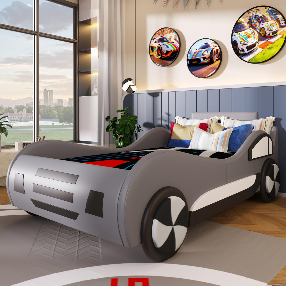 KINDERBETT in Autoform mit Stauraum und Lattenrost 90x200 cm Grau - Grau, Metall (90/200cm) - Beauniv