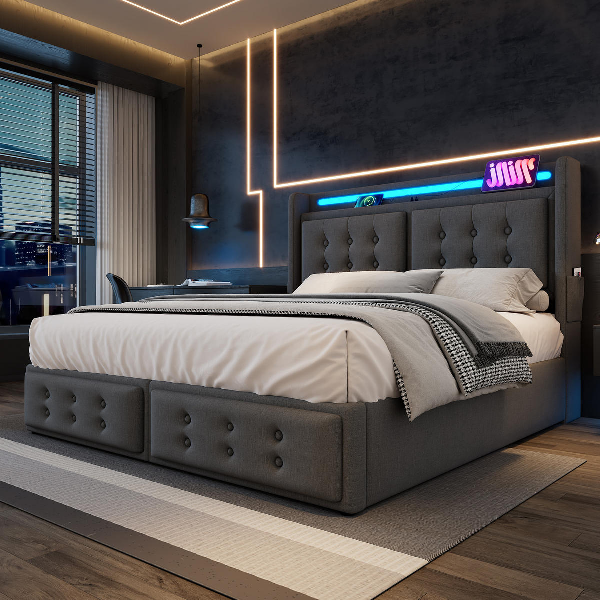 BETT mit Stauraum und LED 140x200 cm Baumwoll-Leinen Grau inkl. Matratze - Grau, Metall (140/200cm) - Meubliv