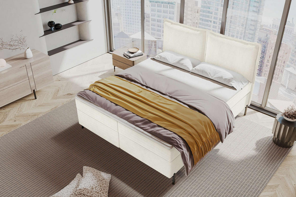 BOXSPRINGBETT VERO Cordstoff Creme 140/200 cm - Creme/Schwarz, Holzwerkstoff/Textil (140/200cm) - 99rooms