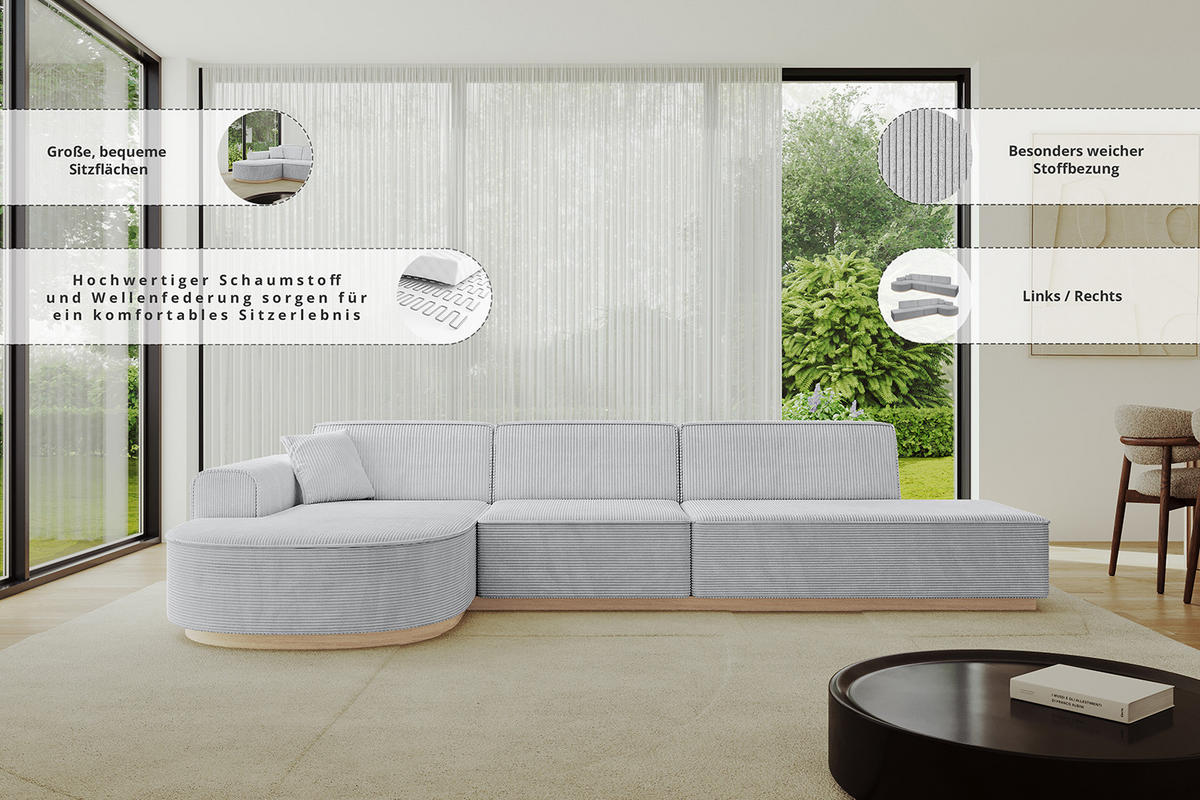 ECKSOFA Ottomane Links ARRIO-L2 - 328x171x83 cm Grau - Grau, Holzwerkstoff/Textil (328/171cm) - ALTDECOR