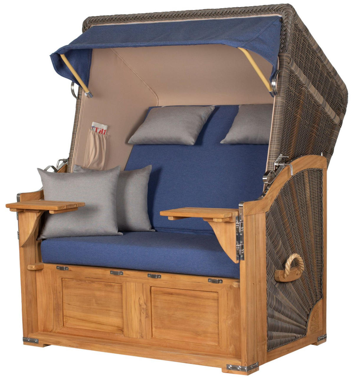 STRANDKORB Komplettset: Schaalsee Teak - PE grau - Modell 595 - Blau/Grau, Holz/Kunststoff (125/170/80cm) - bene living