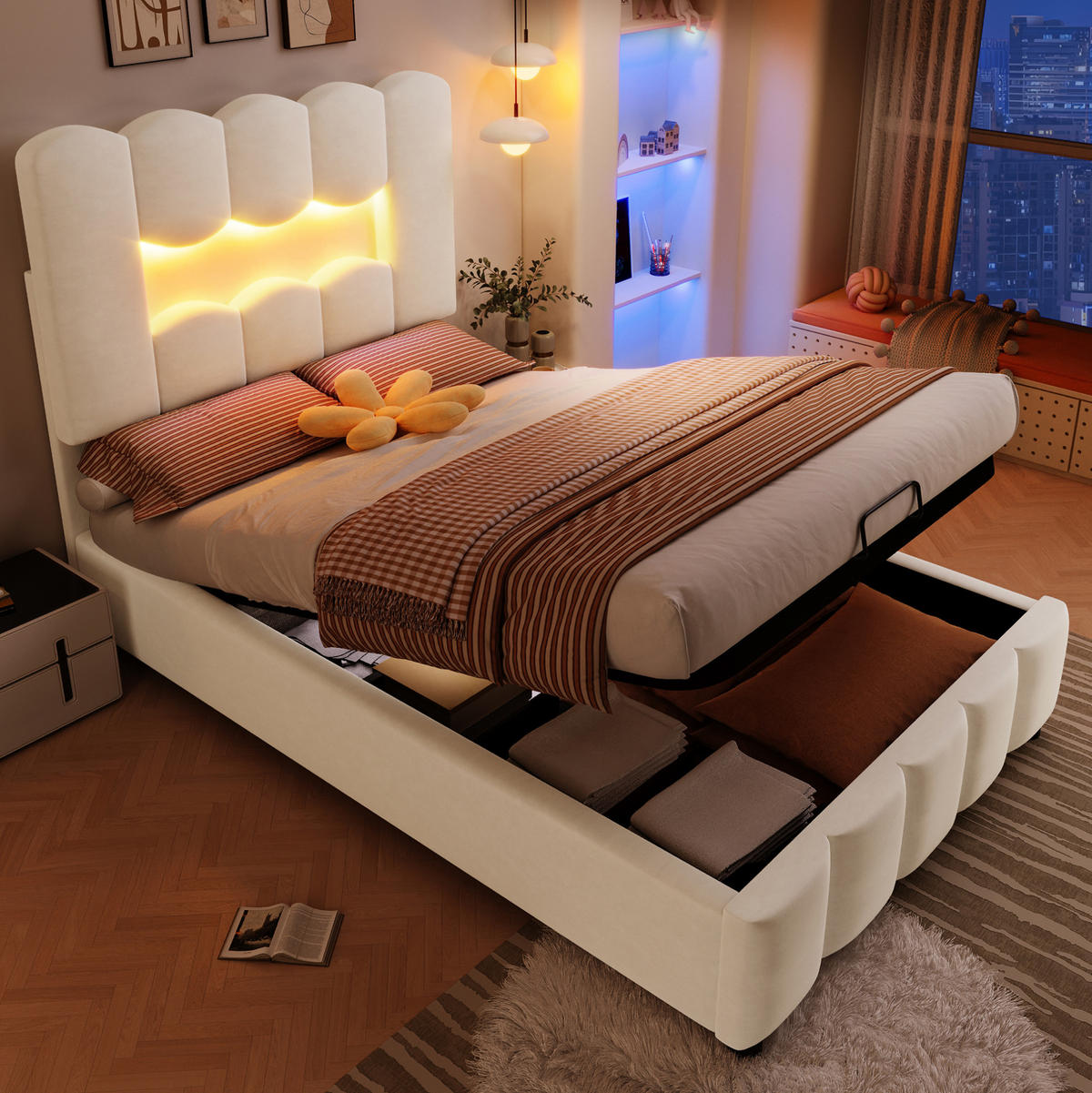 POLSTERBETT 90/200 cm Beige aus Samt mit Bettkasten und LED-Beleuchtung - Beige, Textil (90/200cm) - OKMYHOME
