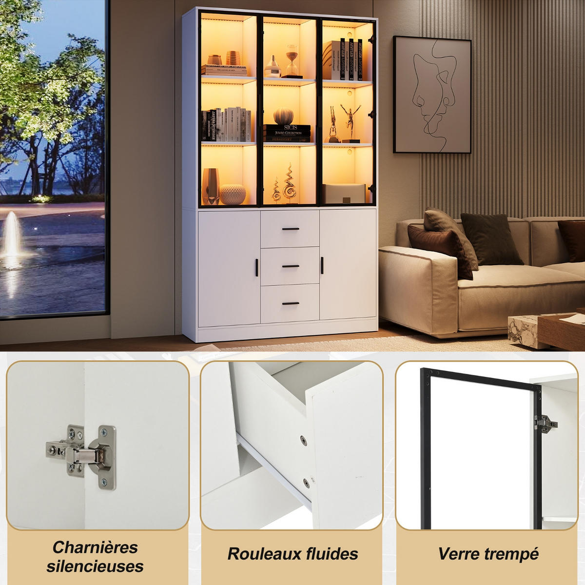 KÜCHENSCHRANK MIT LED BELEUCHTUNG 120/200/30 cm, Spanplatte und Glas, Weiß matt, Highboard mit 3 Schubladen für Wohnzimmer - Weiß, Holzwerkstoff (30/200/120cm) - Rolipo