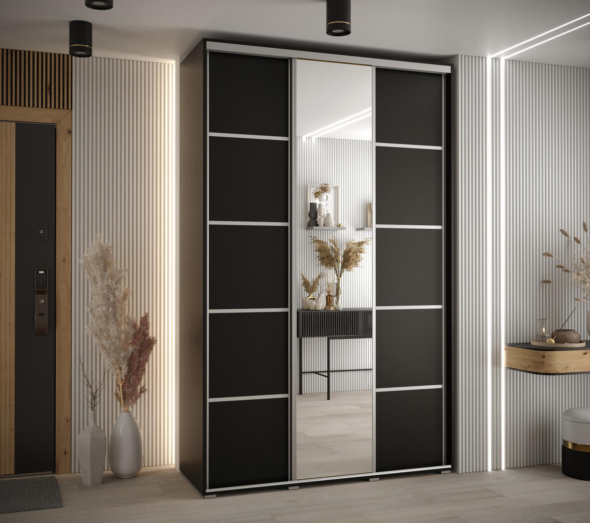 SCHWEBETÜRENSCHRANK 235,2/160/45 3-türig - Silberfarben/Schwarz, Holz/Metall (160/235/45cm) - Abiks Möbel