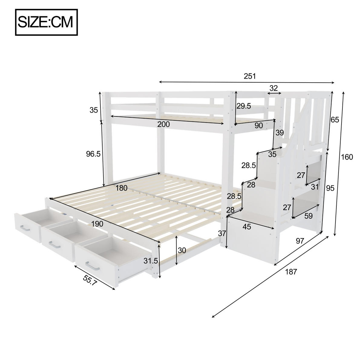 ETAGENBETT Jugend Weiß - Weiß, Holz (90/200cm) - ComfortXL
