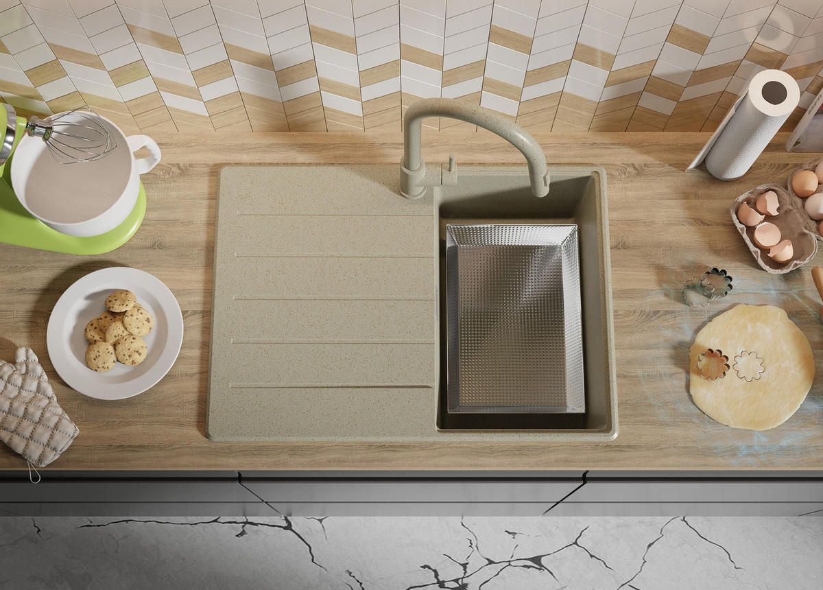 SPÜLBECKEN Kopenhagen, 2-er set Beige 70/50 cm 1 Becken + Ablauf-Set + Schneidebrett ab 40er Unterschrank - Beige, Kunststoff (70/20/50cm) - Primagran