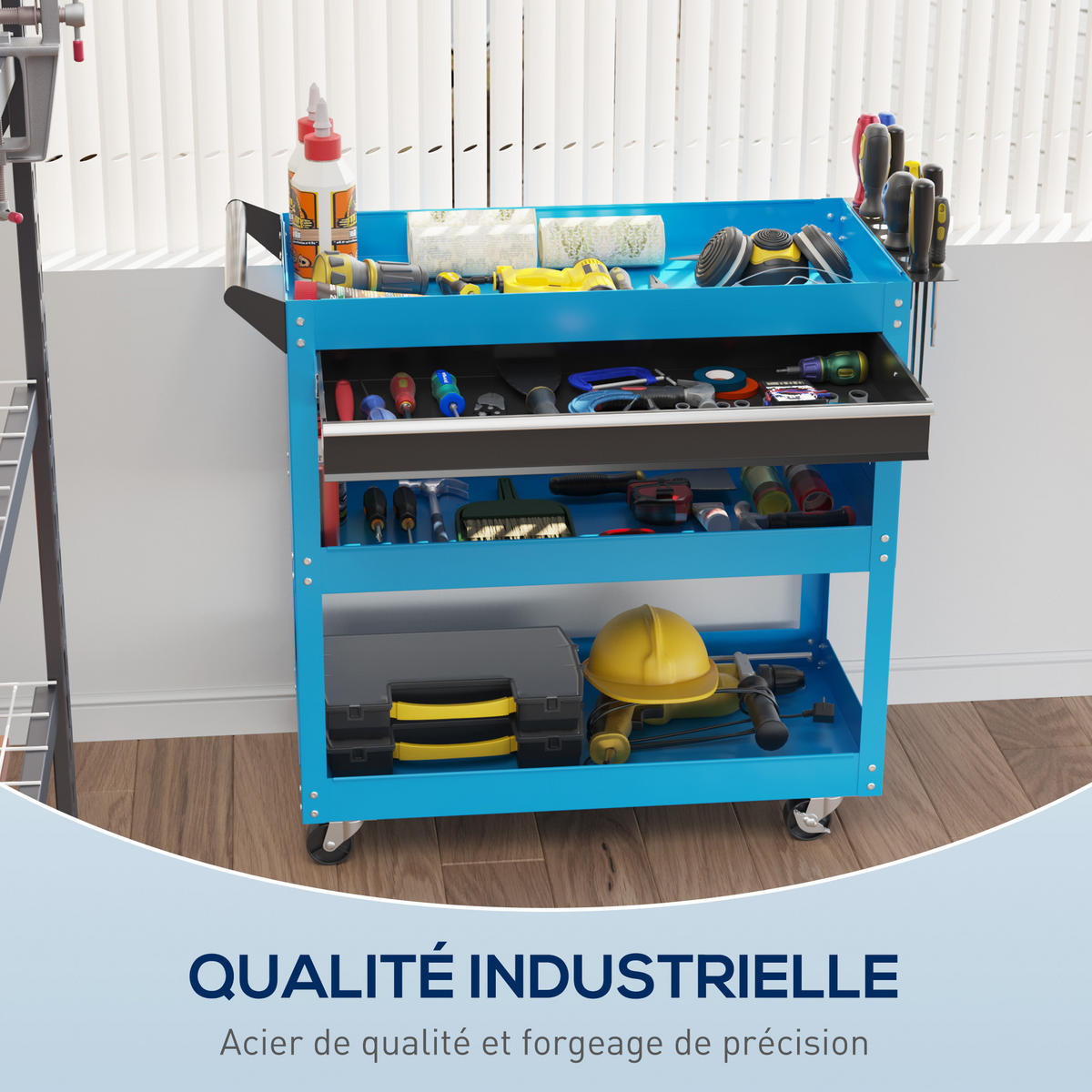 WERKSTATTWAGEN DE-18492 3 Etagen mit Schublade und Seitenablage Blau - Blau, Metall (35/76/82cm) - ComfortXL