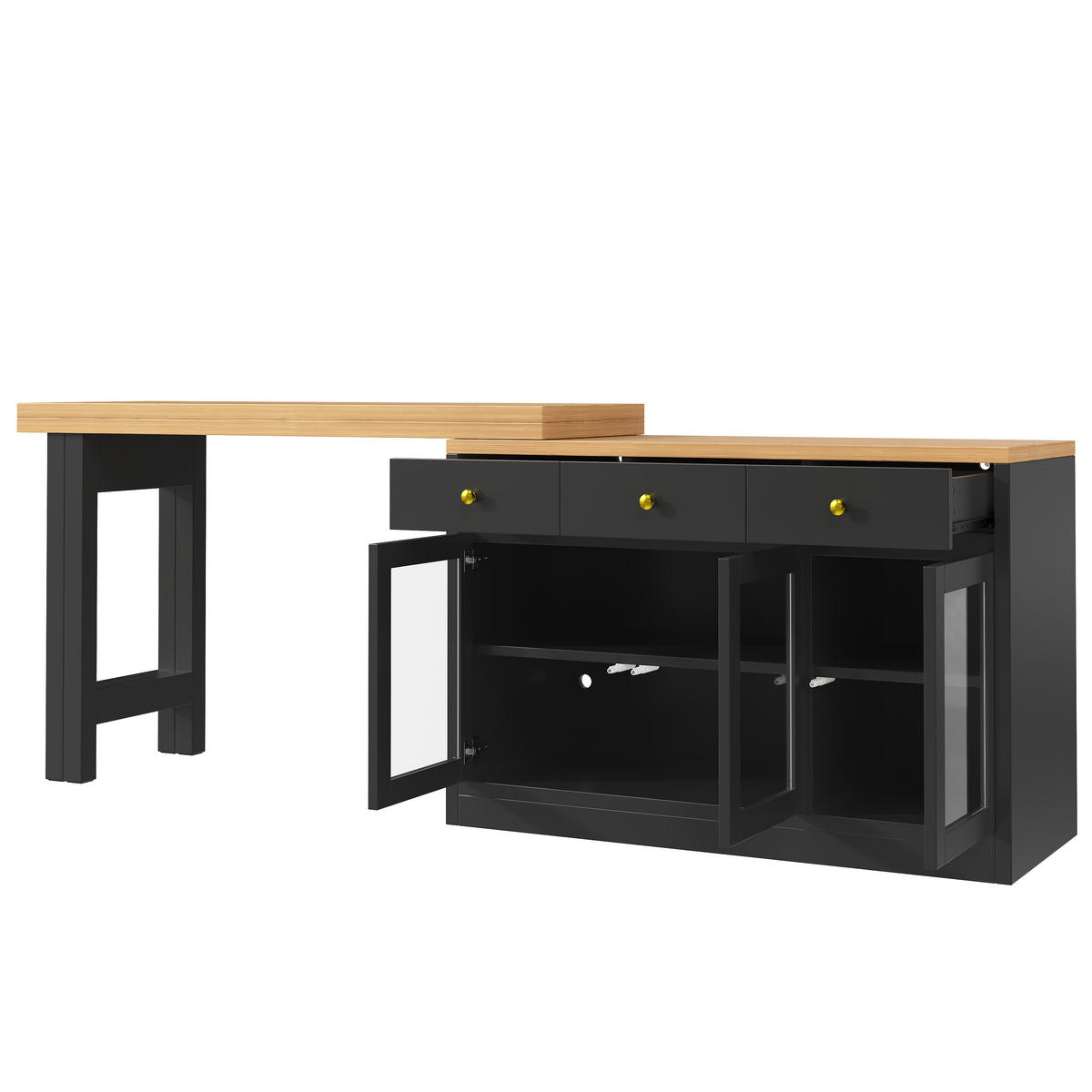 KÜCHENINSEL Ausziehbar LED Glastüren 3 Schubladen - Schwarz, Holzwerkstoff (40/120/75.5cm) - FLIEKS