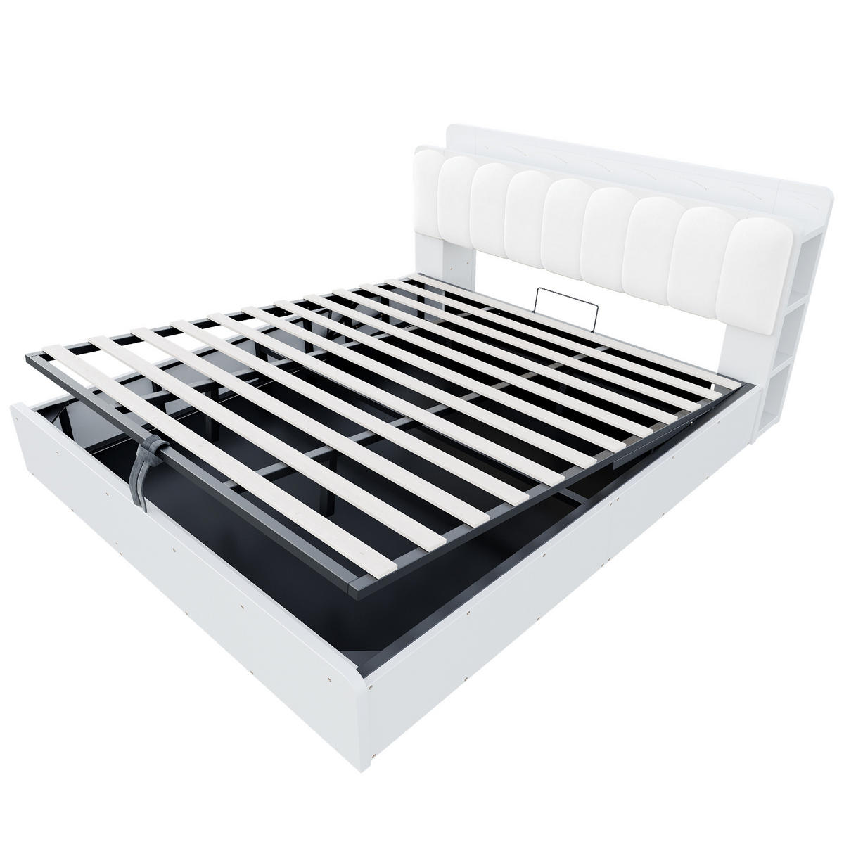 BETT 180/200 cm in Weiß mit Bettkasten, USB, Steckdose und Ablage - Weiß, Holzwerkstoff/Textil (180/200cm) - STILVORA