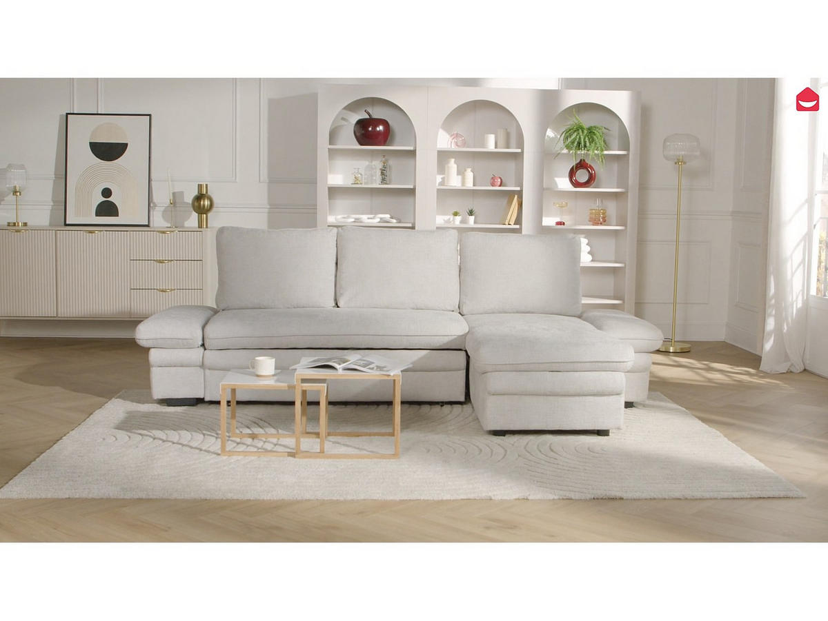 ECKSOFA mit Schlaffunktion & Ecke wechselbar - Chenille-Stoff - Beige - SIVIARA - Beige, Textil (258/146cm) - Vente-Unique