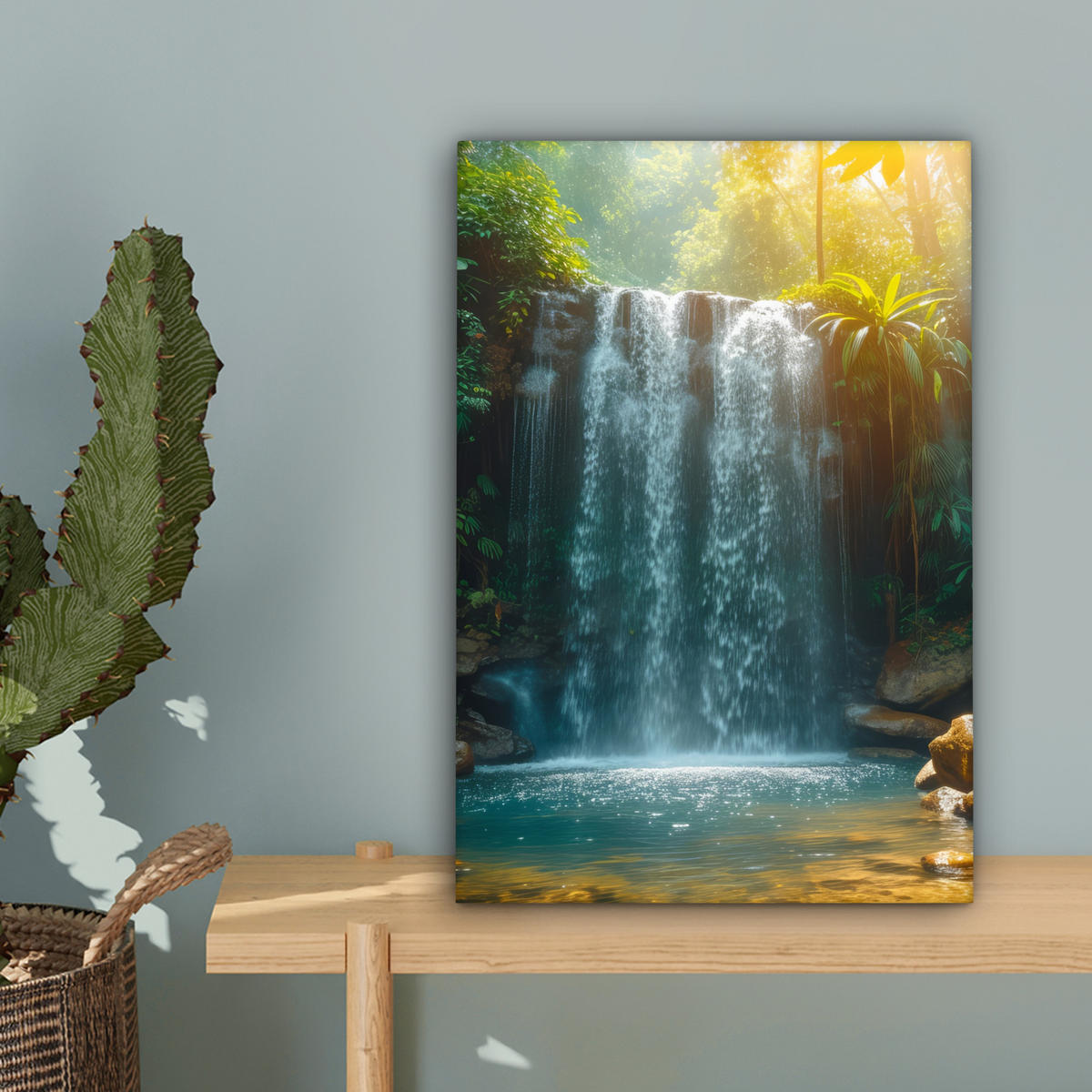 LEINWANDBILD Wasserfall - Dschungel - Sonne - Grün - Natur 20x30 cm - Grün, Textil (20/30cm) - MuchoWow
