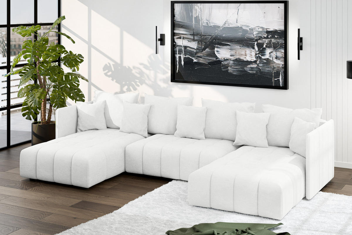 WOHNLANDSCHAFT Veliro U Weiß 353/180/83 cm mit Schlaffunktion und Bettkasten - Schwarz/Weiß, Kunststoff/Textil (353/83/180cm) - AX Living