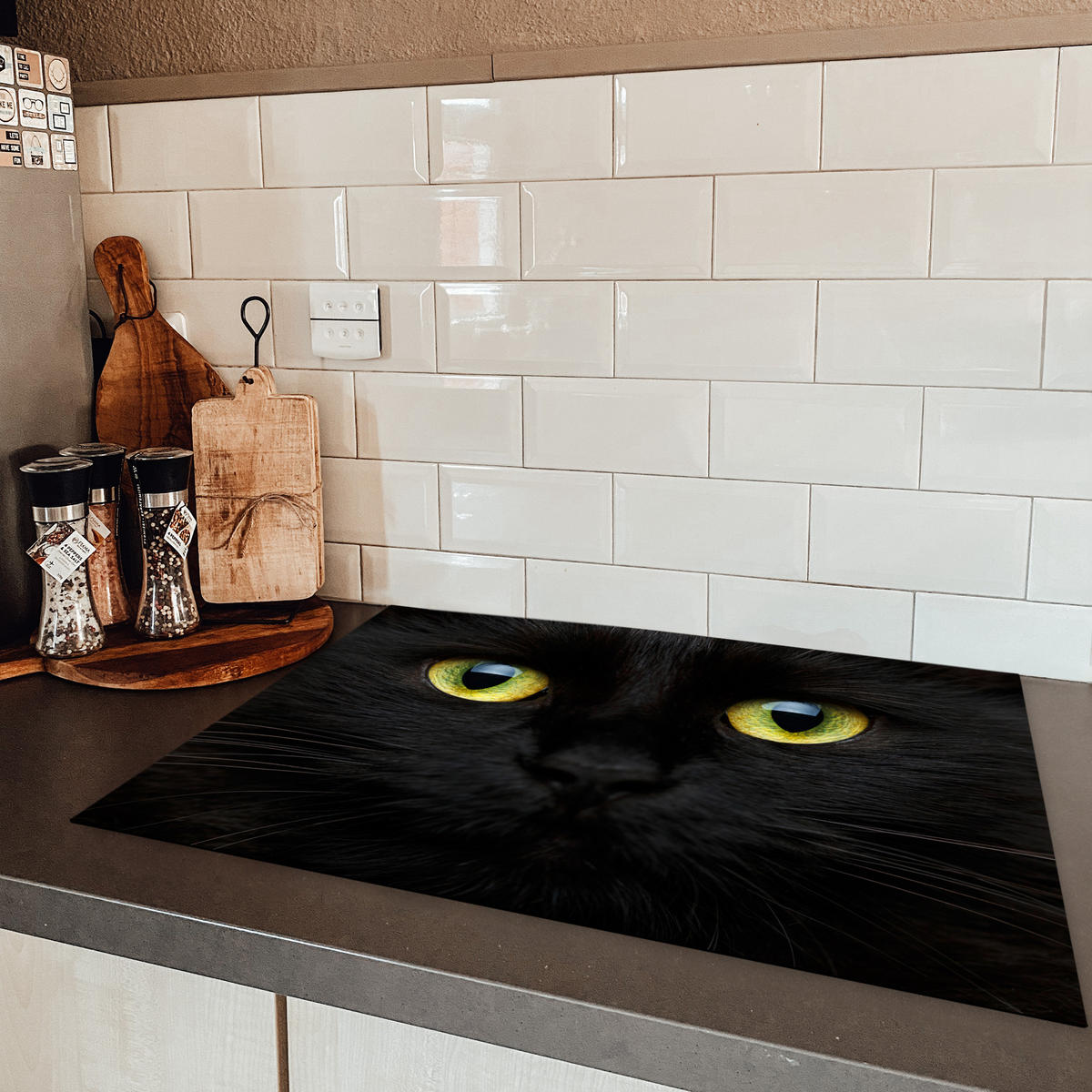 HERDABDECKPLATTE Katze - Augen - Gelb - Schwarz Herdabdeckung Induktionsfeld 75x52 cm - Schwarz, Kunststoff (75/52/0.2cm) - MuchoWow