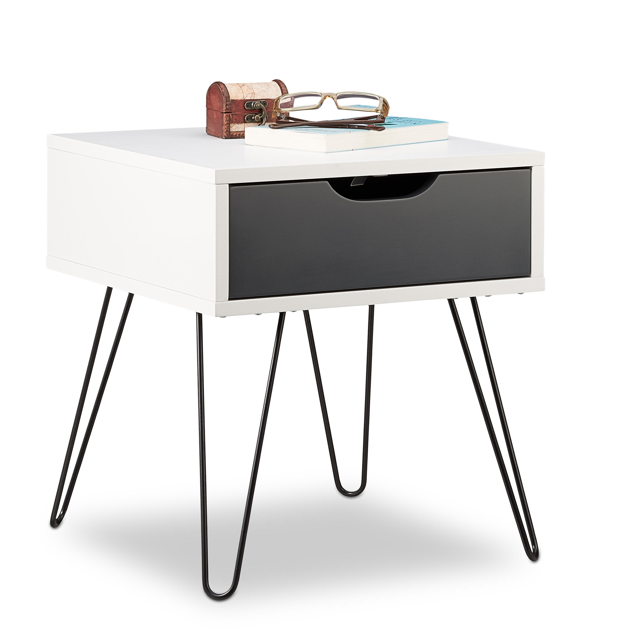 Relaxdays NOČNÍ STOLEK Bílá Šedá MDF Kov se zásuvkou 44 cm