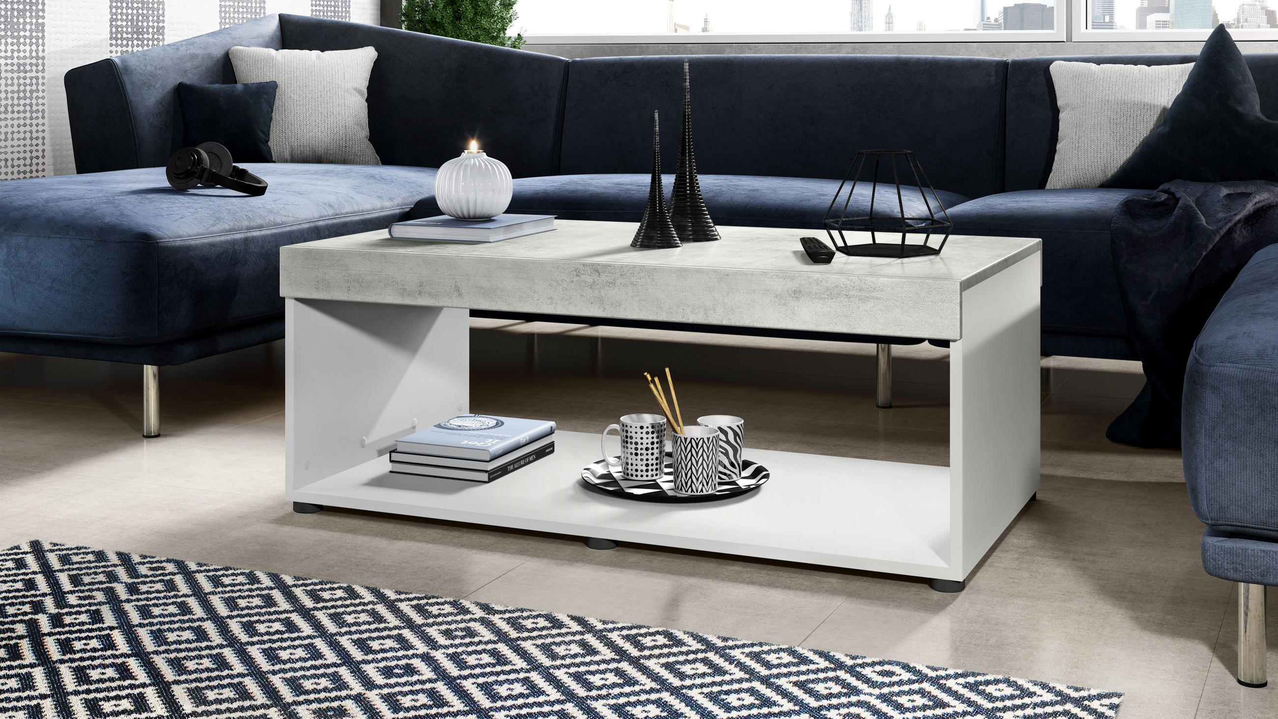 COUCHTISCH Pure Tischplatte und Blenden in Beton Oxid Optik - Hellgrau, Holzwerkstoff (58/104/40.5cm) - Vladon