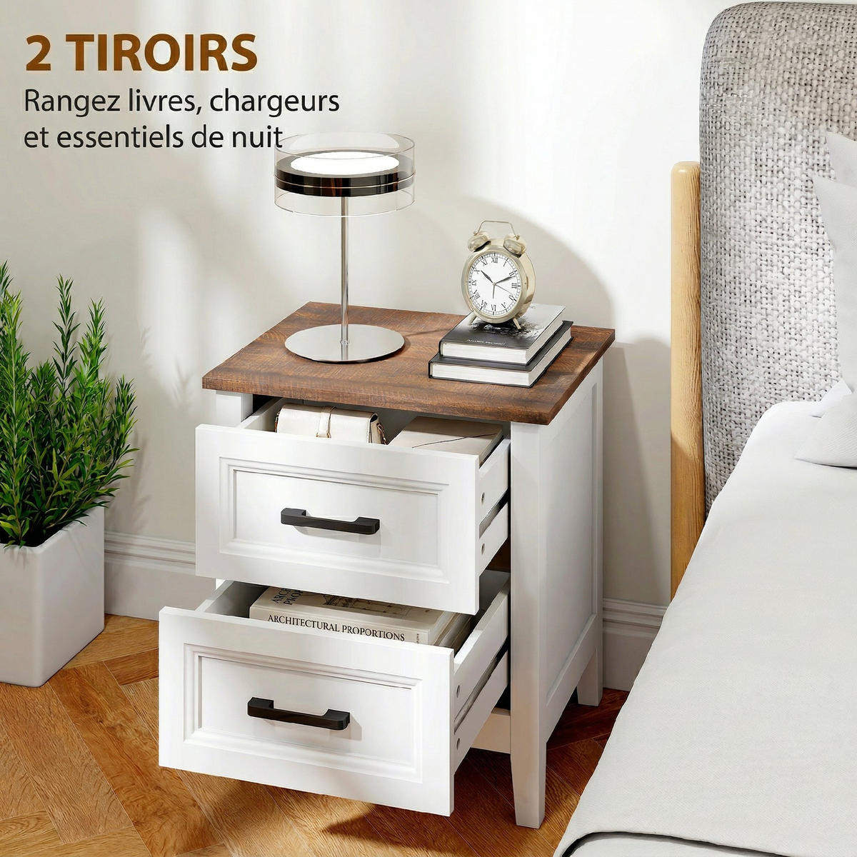NACHTSCHRANK DE-12960 2 Schubladen, Landhausstil Weiß/Braun - Weiß, Holzwerkstoff (35/50/45cm) - ComfortXL