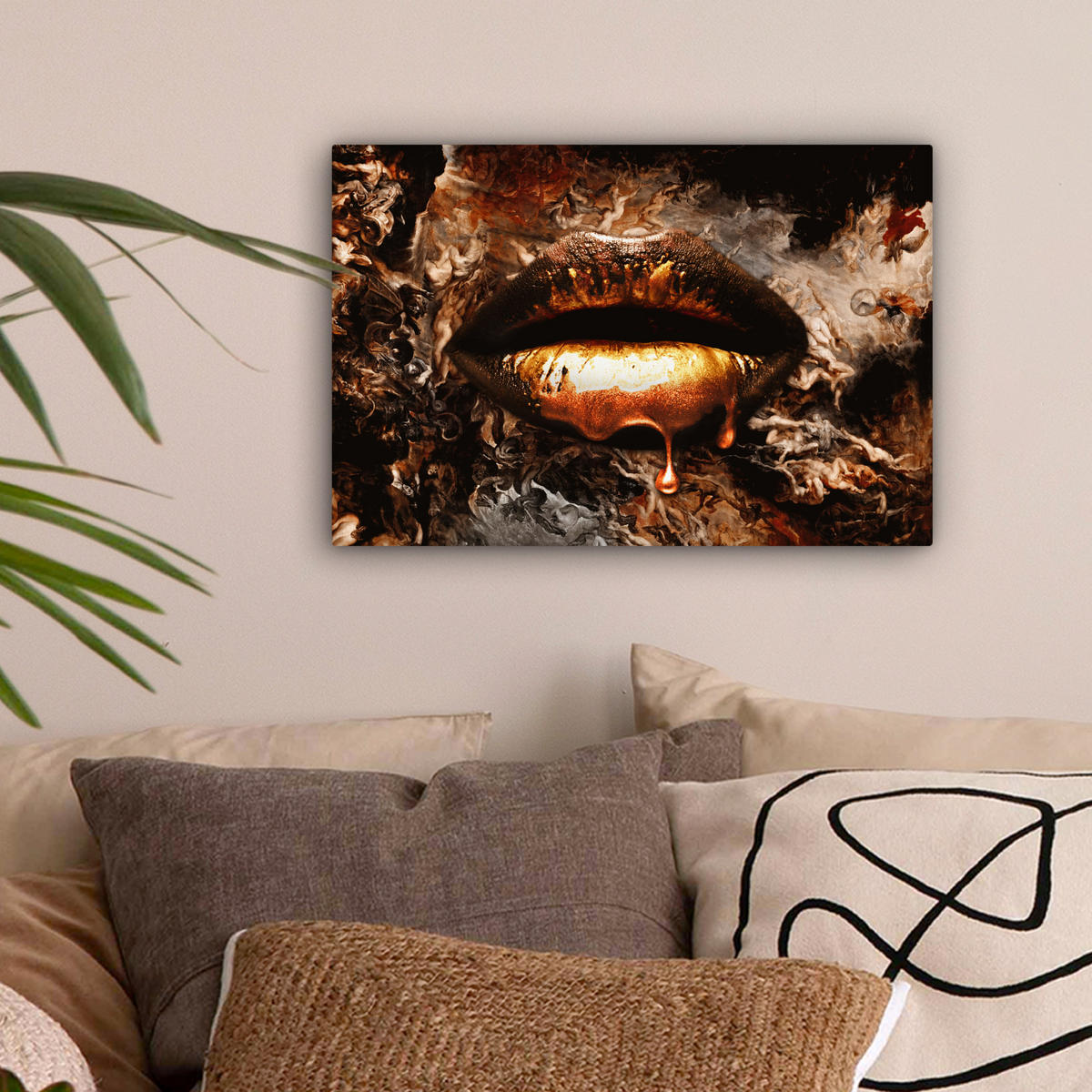 LEINWANDBILD Gold - Lippen - Kunst - Gold - Luxus - Abstrakt 30x20 cm - Kupferfarben, Textil (30/20cm) - MuchoWow