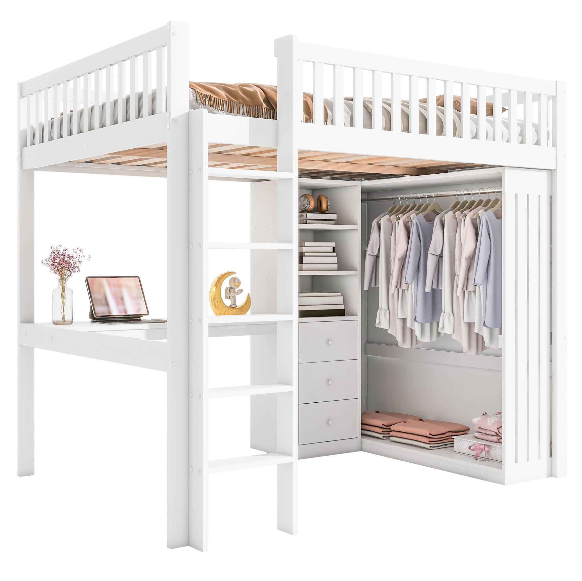 HOCHBETT 140/200 cm aus Kiefer und MDF mit Schreibtisch und Kleiderschrank Weiß - Weiß, Holz (140/200cm) - Modenvie