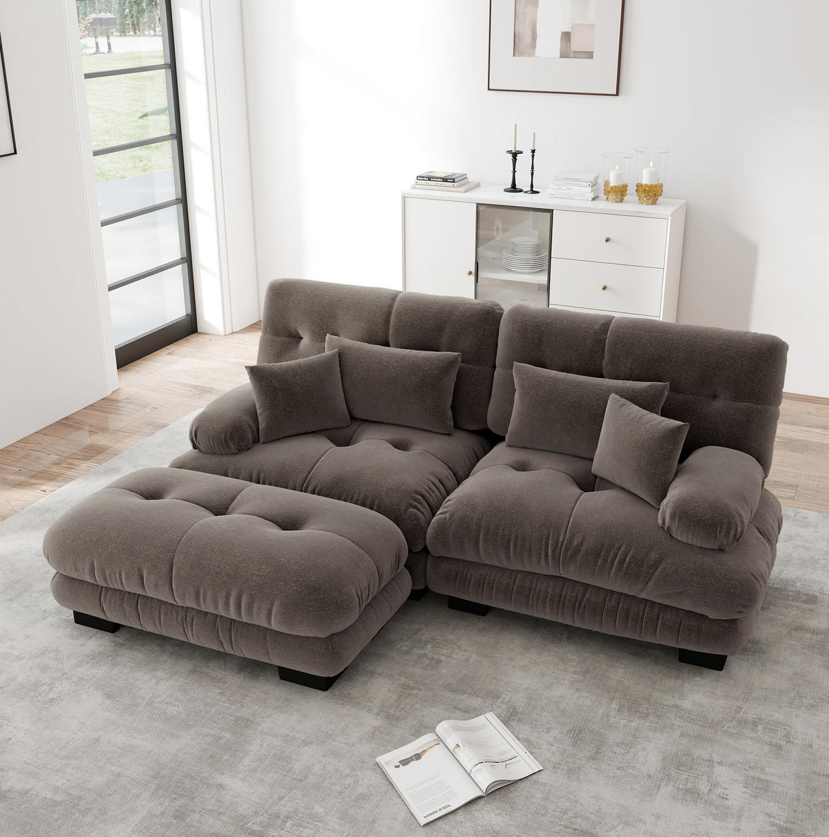 ECKSOFA aus Chenille 145x220x81 cm in Braun mit Ottoman - Braun, Textil (145/220cm) - Modfu