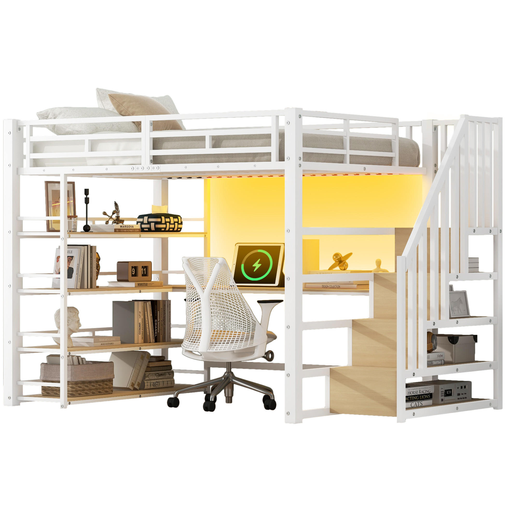 HOCHBETT 140/200 cm aus Metall und MDF mit Schreibtisch, Stauraumtreppe und LED Weiß - Weiß, Holzwerkstoff (140/200cm) - Modenvie