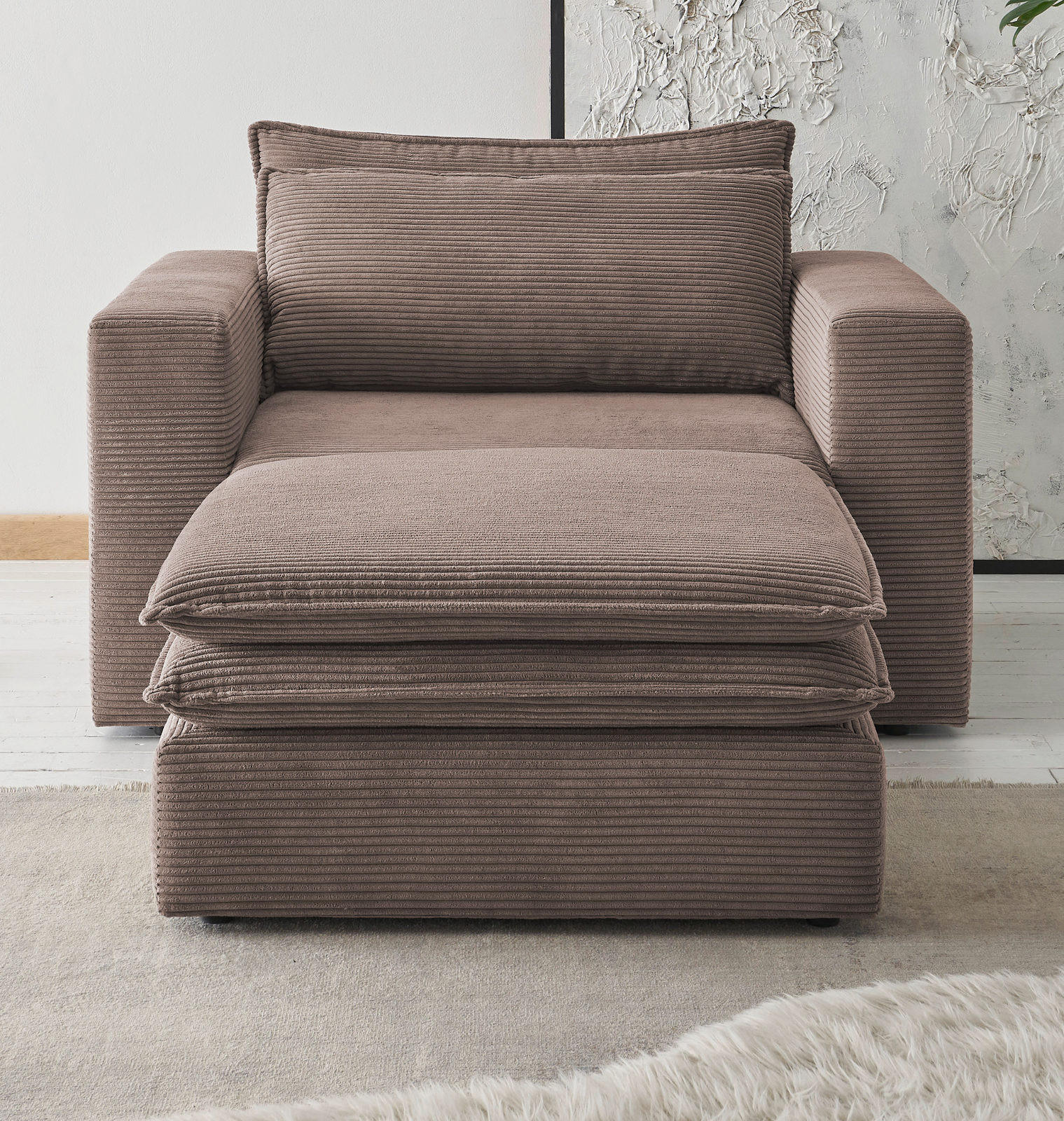 LOVESEAT Set braun Cord, Couch Loungesessel inklusive Hocker - Beige/Braun, Holz/Kunststoff (176/83/125cm) - Furn.Design