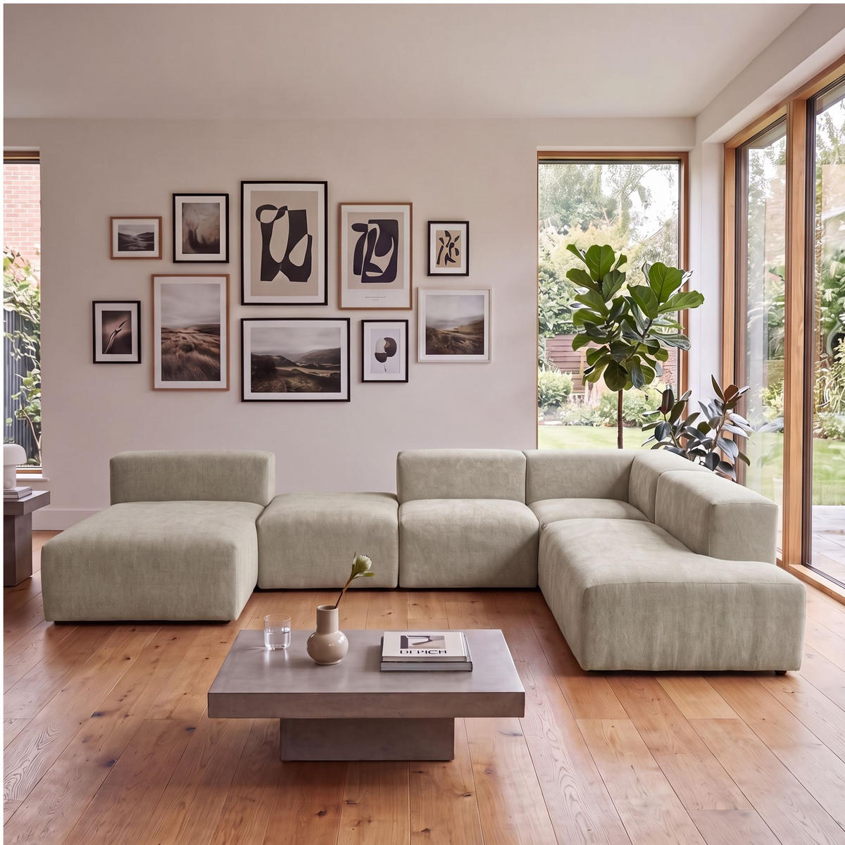 5-SITZER modulares Wohnlandschaft U XXL HEAVEN SET 6 Rechts, Breite 375 cm Webstoff Olivgrün - Schwarz/Olivgrün, Holz/Kunststoff (245/73/375cm) - Muffo