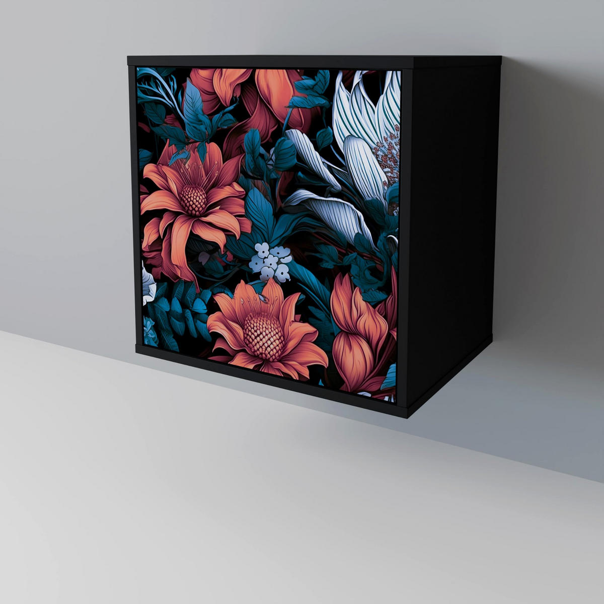 SIDEBOARD ETHEREAL BLOSSOMS, Schwarz, 57,5x42x72,5 cm, Schwarze Metallfüße - Multicolor/Schwarz, Holzwerkstoff/Metall (57.5/72.5/42cm) - SpaceRebels