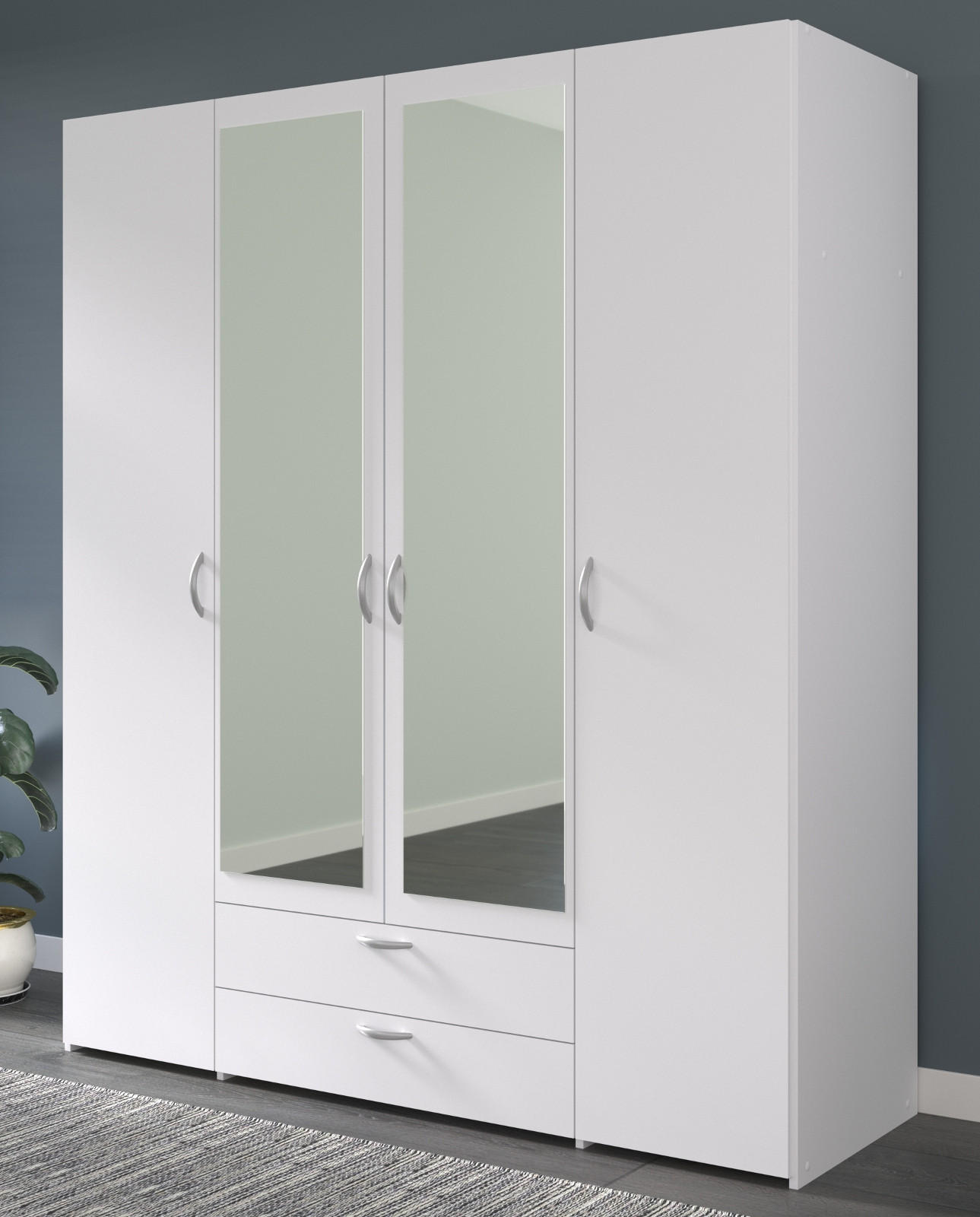 KLEIDERSCHRANK mit Spiegel weiß 160 cm Drehtürenschrank 4-türig - Silberfarben/Weiß, Holzwerkstoff/Kunststoff (160/185/185cm) - Furn.Design